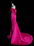 Ndyad Off Shoulder Satin Mermaid Rose Red Long Prom Dress, Rose Red Evening Dress HZ1024