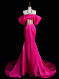 Ndyad Off Shoulder Satin Mermaid Rose Red Long Prom Dress, Rose Red Evening Dress HZ1024