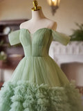 Evafashion Off Shoulder Sweetheart Neck Tulle Green Long Prom Dress HZ1024
