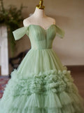 Evafashion Off Shoulder Sweetheart Neck Tulle Green Long Prom Dress HZ1024