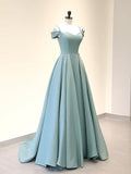 Ndyad Off Shoulder Satin Blue Long Prom Dress, Blue Long Evening Dress HZ1024