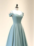 Ndyad Off Shoulder Satin Blue Long Prom Dress, Blue Long Evening Dress HZ1024