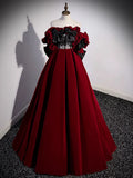 Ndyad Off Shoulder Velvet Lace Burgundy Long Prom Dress, Burgundy Long Formal Dress HZ1024