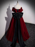 Ndyad Off Shoulder Velvet Lace Burgundy Long Prom Dress, Burgundy Long Formal Dress HZ1024
