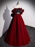 Ndyad Off Shoulder Velvet Lace Burgundy Long Prom Dress, Burgundy Long Formal Dress HZ1024