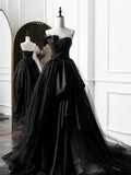 Evafashion A-Line Satin Black Long Prom Dress, Black Long Evening Dress HZ1024