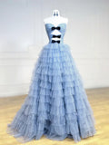Ndyad Sweetheart Neck Polka Dots Tulle Blue Long Prom Dress, Blue Long Formal Dress HZ1024
