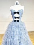 Ndyad Sweetheart Neck Polka Dots Tulle Blue Long Prom Dress, Blue Long Formal Dress HZ1024