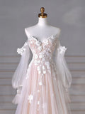 Ndyad Long Sleeves Tulle Lace Champagne Long Prom Dress, Champagne Long Formal Dress HZ1024