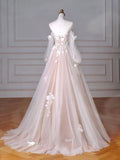 Ndyad Long Sleeves Tulle Lace Champagne Long Prom Dress, Champagne Long Formal Dress HZ1024