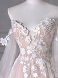Ndyad Long Sleeves Tulle Lace Champagne Long Prom Dress, Champagne Long Formal Dress HZ1024