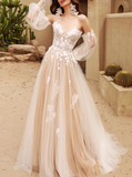 Ndyad Long Sleeves Tulle Lace Champagne Long Prom Dress, Champagne Long Formal Dress HZ1024