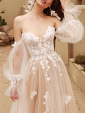 Ndyad Long Sleeves Tulle Lace Champagne Long Prom Dress, Champagne Long Formal Dress HZ1024