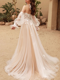 Ndyad Long Sleeves Tulle Lace Champagne Long Prom Dress, Champagne Long Formal Dress HZ1024