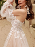 Ndyad Long Sleeves Tulle Lace Champagne Long Prom Dress, Champagne Long Formal Dress HZ1024