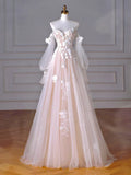 Ndyad Long Sleeves Tulle Lace Champagne Long Prom Dress, Champagne Long Formal Dress HZ1024
