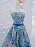 Ndyad Flower Satin Blue Long Prom Dress, Blue Long Formal Dress HZ1024