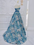 Ndyad Flower Satin Blue Long Prom Dress, Blue Long Formal Dress HZ1024