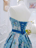 Ndyad Flower Satin Blue Long Prom Dress, Blue Long Formal Dress HZ1024