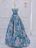 Ndyad Flower Satin Blue Long Prom Dress, Blue Long Formal Dress HZ1024