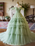 Evafashion Off Shoulder Sweetheart Neck Tulle Green Long Prom Dress HZ1024