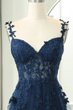 Ndyad Elegant Sweetheart Neck Tulle Lace Dark Blue Long Prom Dress, Dark Blue Long Evening Dress HZ1024