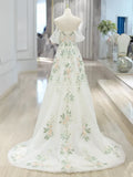 Ndyad Off Shoulder Tulle Lace Applique White Long Prom Dress, White Long Formal Dress HZ1024