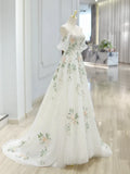 Ndyad Off Shoulder Tulle Lace Applique White Long Prom Dress, White Long Formal Dress HZ1024