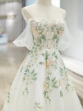 Ndyad Off Shoulder Tulle Lace Applique White Long Prom Dress, White Long Formal Dress HZ1024
