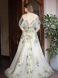Ndyad Off Shoulder Tulle Lace Applique White Long Prom Dress, White Long Formal Dress HZ1024
