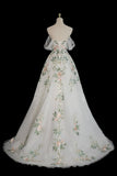 Ndyad Off Shoulder Tulle Lace Applique White Long Prom Dress, White Long Formal Dress HZ1024
