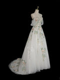 Ndyad Off Shoulder Tulle Lace Applique White Long Prom Dress, White Long Formal Dress HZ1024