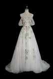 Ndyad Off Shoulder Tulle Lace Applique White Long Prom Dress, White Long Formal Dress HZ1024