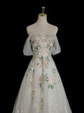 Ndyad Off Shoulder Tulle Lace Applique White Long Prom Dress, White Long Formal Dress HZ1024