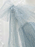 Ndyad One Shoulder Tulle Sequin Gray Blue Long Prom Dress, Sequin Long Formal Dress HZ1024