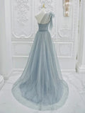 Ndyad One Shoulder Tulle Sequin Gray Blue Long Prom Dress, Sequin Long Formal Dress HZ1024