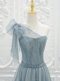Ndyad One Shoulder Tulle Sequin Gray Blue Long Prom Dress, Sequin Long Formal Dress HZ1024