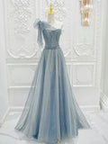 Ndyad One Shoulder Tulle Sequin Gray Blue Long Prom Dress, Sequin Long Formal Dress HZ1024