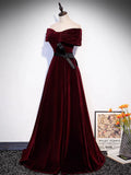 Ndyad Off Shoulder Velvet Burgundy Long Prom Dress, Burgundy Long Formal Dress HZ1024