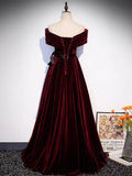 Ndyad Off Shoulder Velvet Burgundy Long Prom Dress, Burgundy Long Formal Dress HZ1024