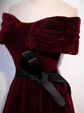 Ndyad Off Shoulder Velvet Burgundy Long Prom Dress, Burgundy Long Formal Dress HZ1024