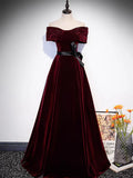 Ndyad Off Shoulder Velvet Burgundy Long Prom Dress, Burgundy Long Formal Dress HZ1024
