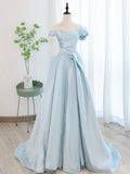 Ndyad Blue Satin Tulle Long Prom Dress, Blue Tulle Long Evening Dresses HZ1024