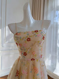 Ndyad Tulle Sequin Beads Champagne Tea Length Prom Dress, Champagne Homecoming Dress HZ1024