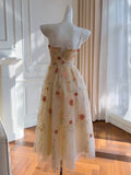 Ndyad Tulle Sequin Beads Champagne Tea Length Prom Dress, Champagne Homecoming Dress HZ1024