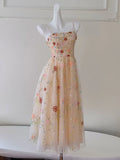 Ndyad Tulle Sequin Beads Champagne Tea Length Prom Dress, Champagne Homecoming Dress HZ1024