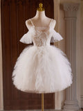 Ndyad Tulle Lace Light Champagne Short Prom Dress, Cut Homecoming Dress HZ1024