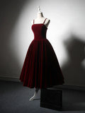 Ndyad Velvet Tea Length Burgundy Prom Dress, Burgundy Cocktail Dress HZ1024
