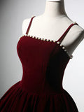Ndyad Velvet Tea Length Burgundy Prom Dress, Burgundy Cocktail Dress HZ1024