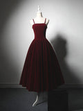 Ndyad Velvet Tea Length Burgundy Prom Dress, Burgundy Cocktail Dress HZ1024